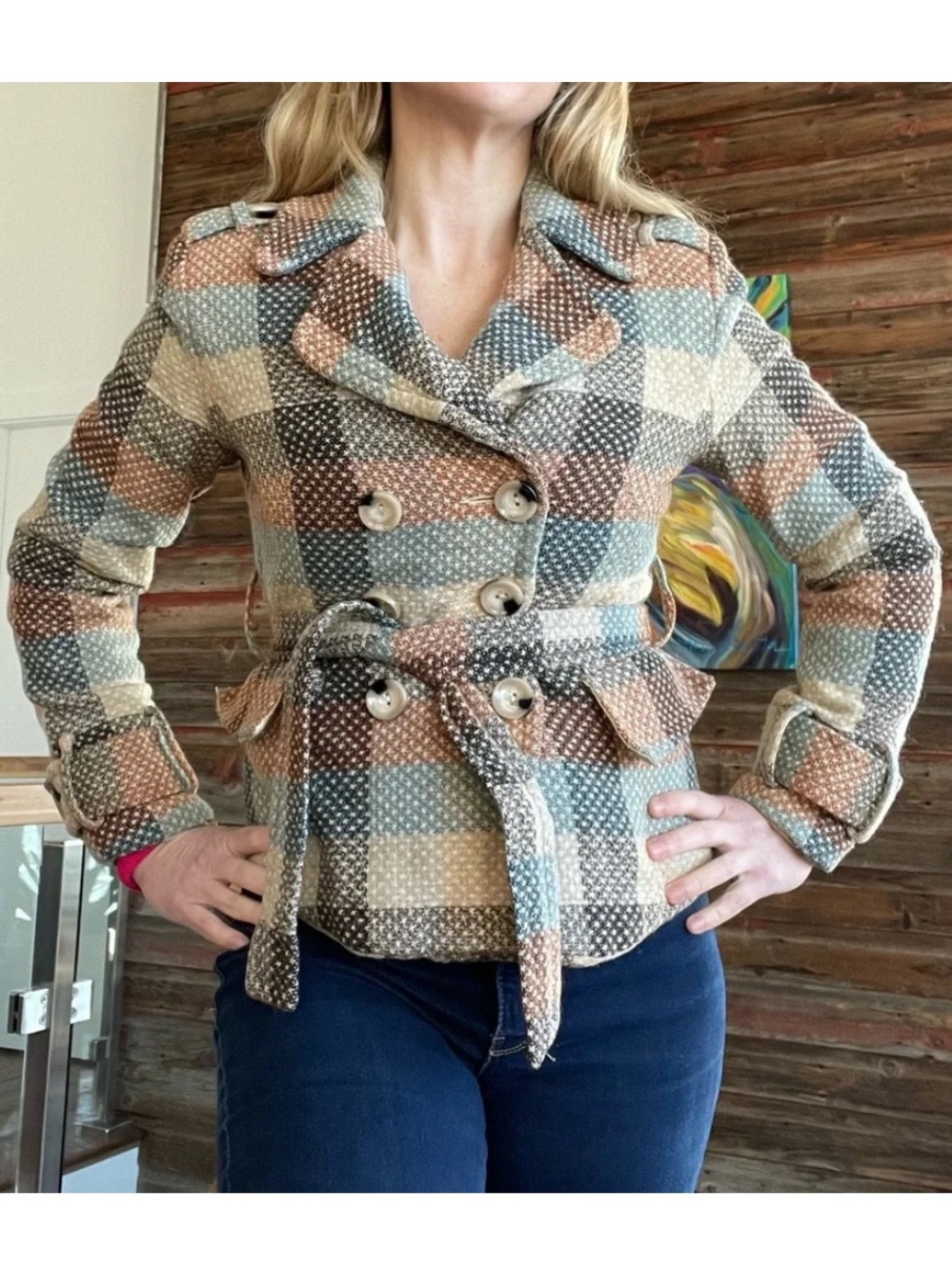 Torrid Striped Wool-Blend Belted Peacoat Jacket - Tan, Blue & Cream